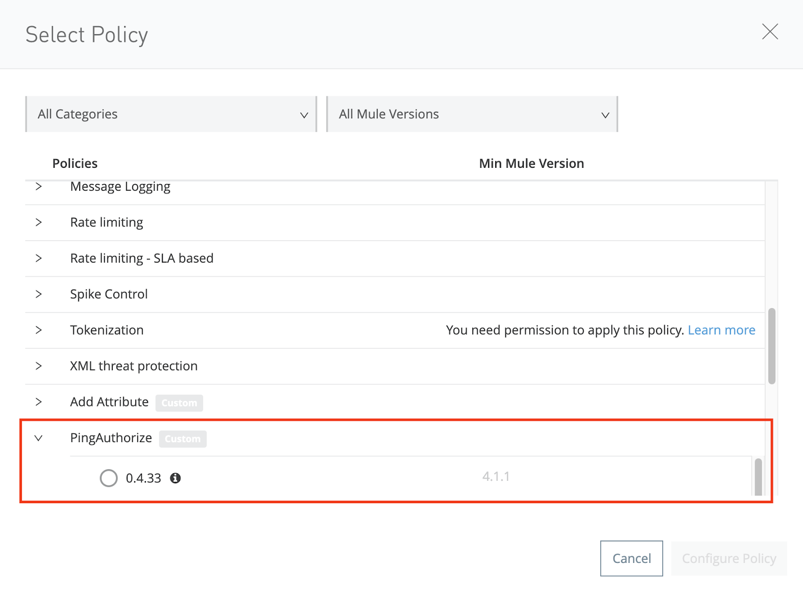 Screen capture of the Select Policy page with the PingAuthorize policy highlighted