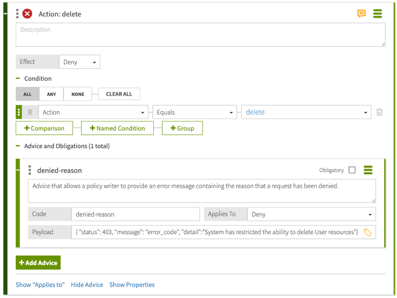 Screen capture of the Rule to deny deletion of User resources with a custom denied reason , configured as specified