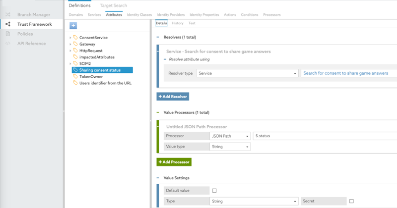 Screen capture to show the definition of the Sharing consent status attribute, configured as specified