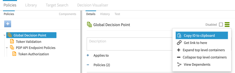 Screen capture of the Policies tab showing the Copy ID to clipboard option