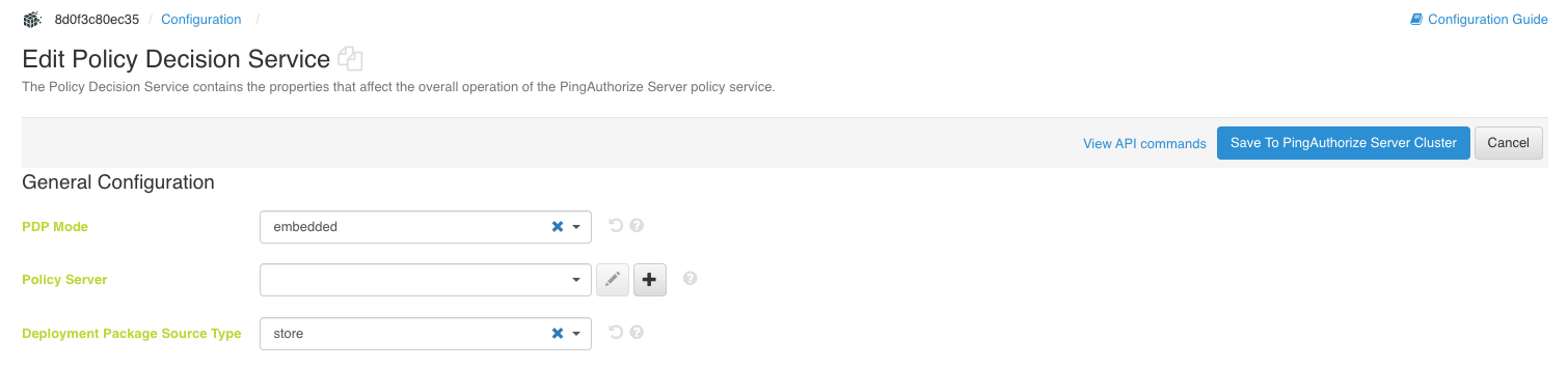 Screen capture of the General Configuration section of the Edit Policy Decision Service page, showing PDP Mode set to embedded and Deployment Package Source Type to store