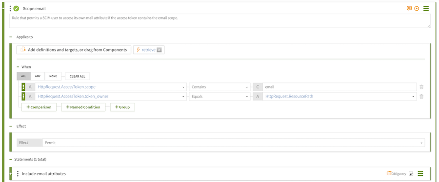 Screen capture of the Scope: email rule with a permit effect, configured as specified with an Applies To target, two comparison Conditions, and an Include email attributes statement, flagged as Obligatory