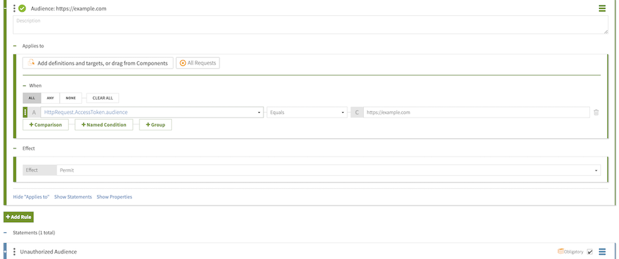 Screen capture of the Permitted audiences policy configuration window with a perm rule configured as specified, and an Unauthorized Audience statement, flagged as Obligatory