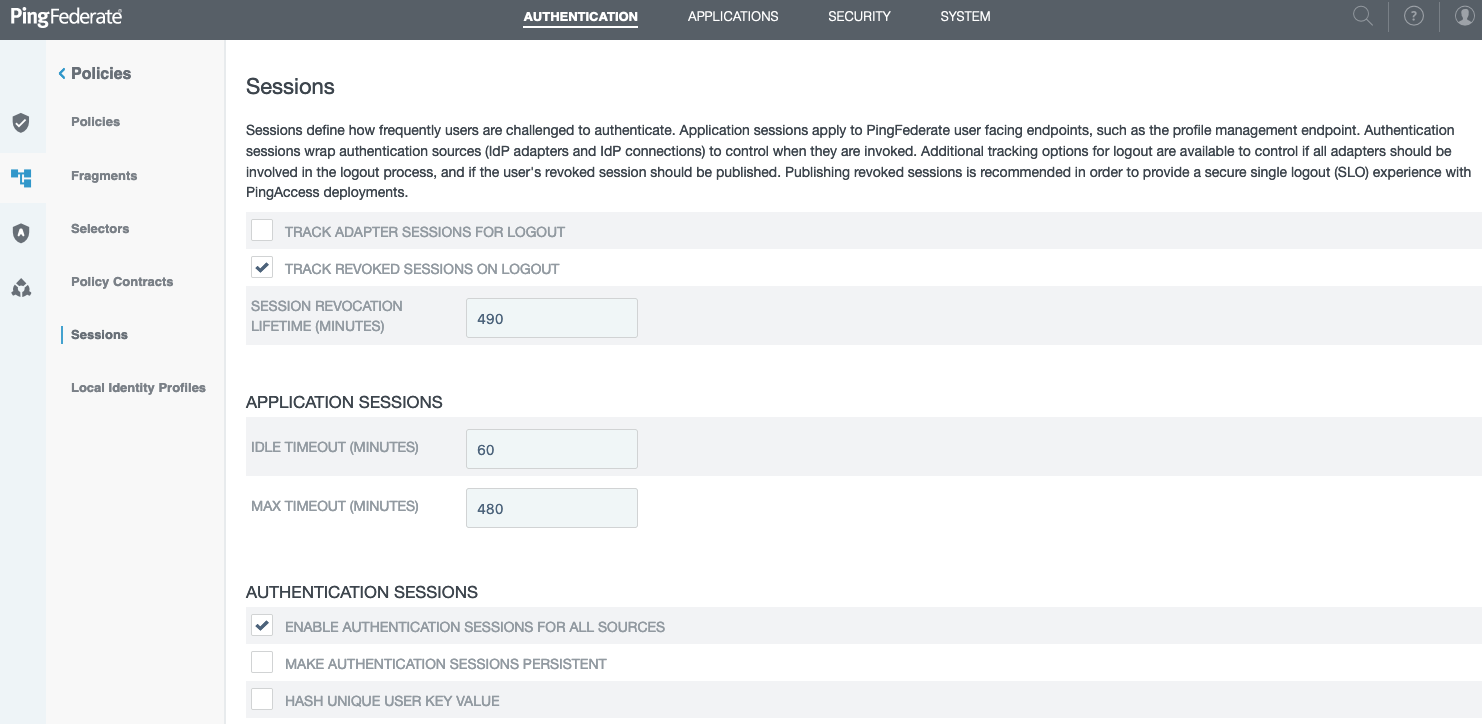 Screen capture of the Sessions window with the Track Revoked Sessions on Logout and Enable Authentication Sessions For All Sources checkboxes selected