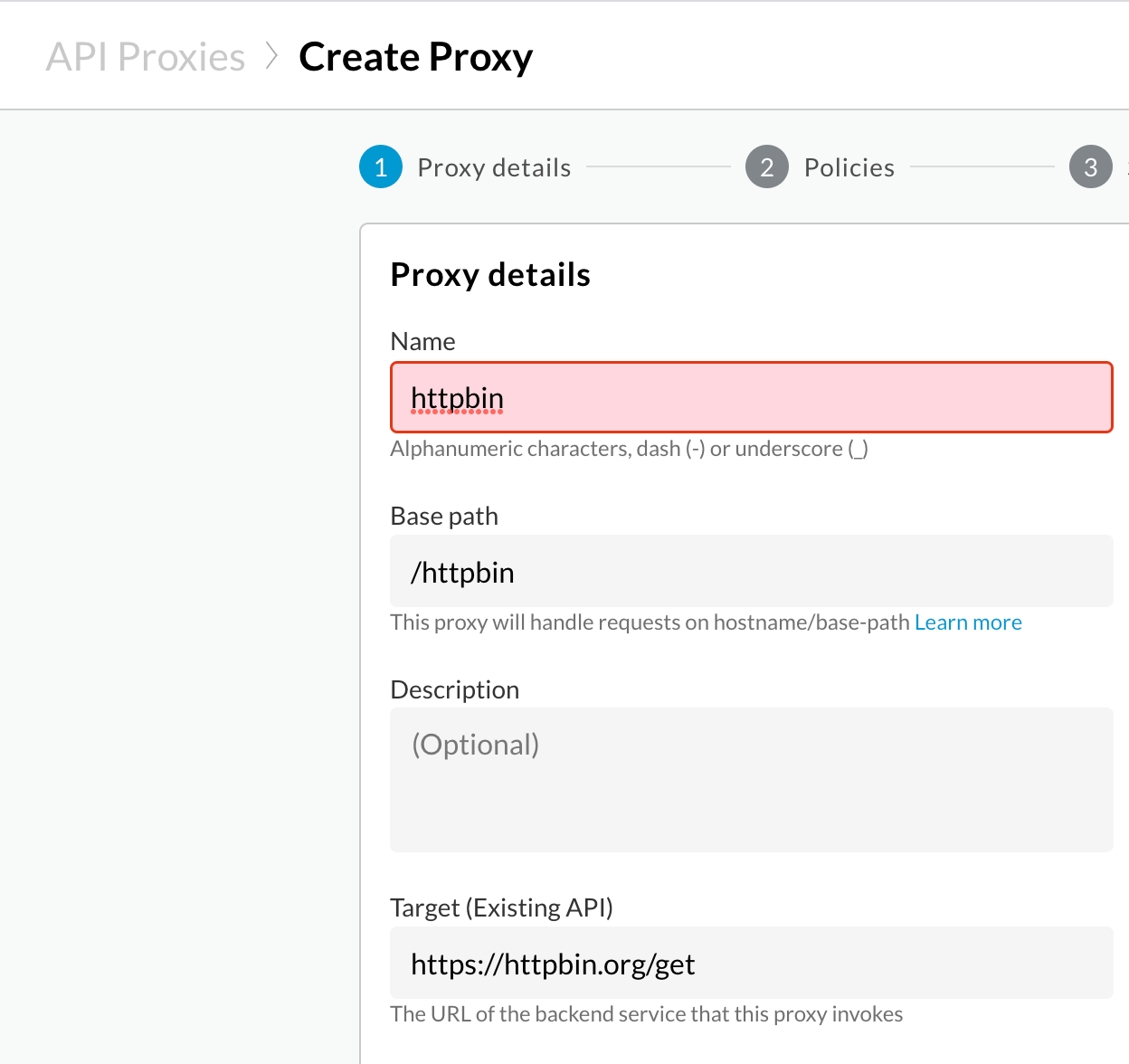 Screen capture of the Apigee API proxy configuration details