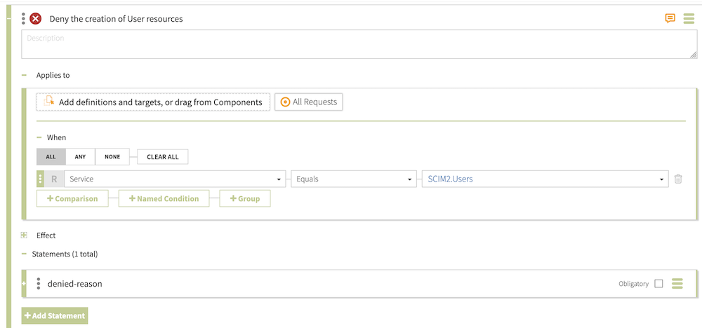 Screen capture of the Deny the creation of User resources rule and its statement, configured as specified