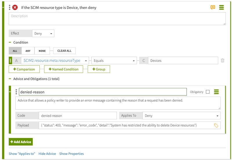 Screen capture of the rule to deny the deletion of Device resources, configured as specified