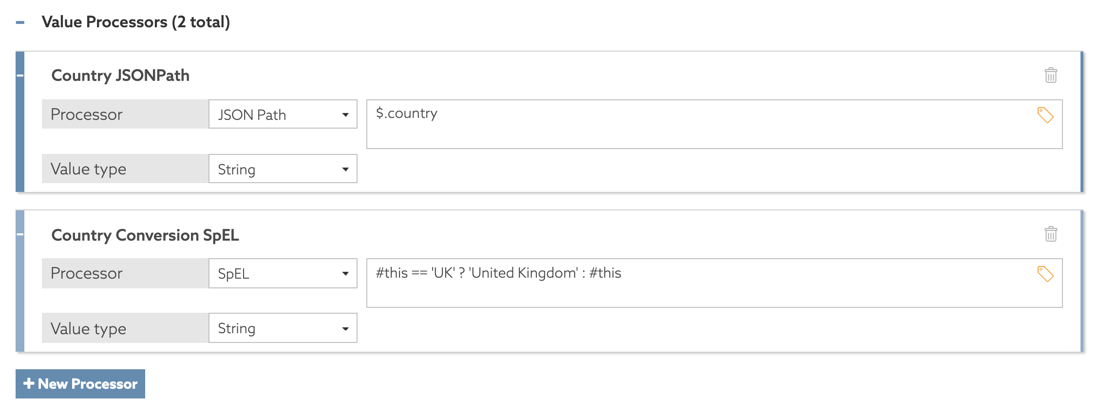 Screen capture of a chain of two value processors, one that extracts the country value and one that transforms it under a specific condition using a SpEL expression