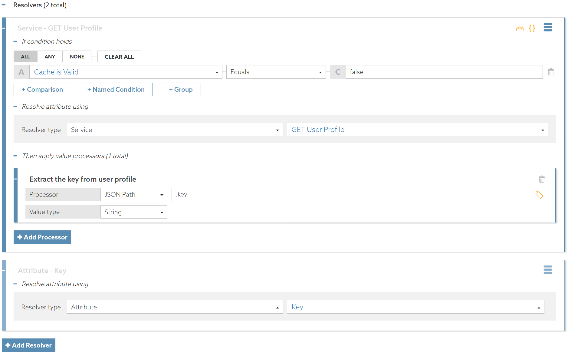 Screen capture of two resolvers. The first is a service with a condition and a post-resolution value process that outputs a value. The second is an attribute that captures and stores a value without conditions or processing.