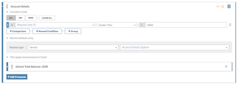 Screen capture of the Account Details resolver defined with a condition holding if Request.User ID is greater than 10000, a resolver type of Service, and an Extract Total Balance JSON value processor