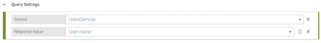 Screen capture of the Query Settings section of a query attribute with example attributes selected for the Source and Response Value fields