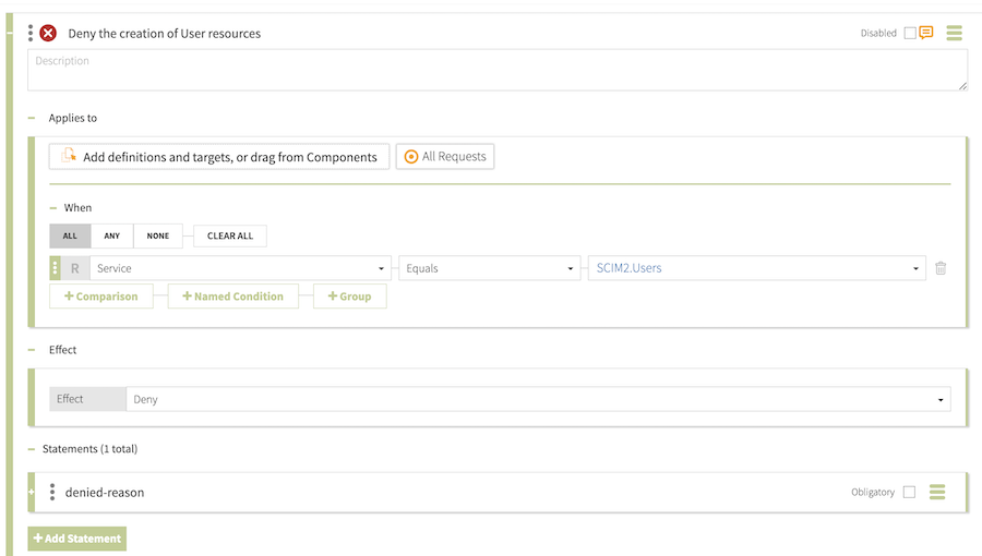 Screen capture of the Deny the creation of User resources rule and its statement, configured as specified