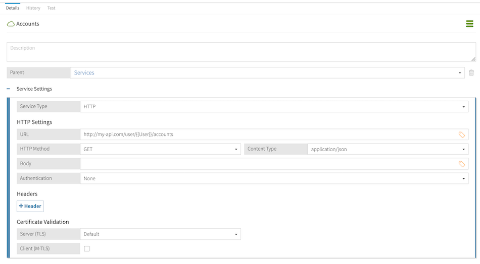 Screen capture of the Services.Accounts service. The service is of type HTTP and is defined with an example API URL inteprolating the User attribute.