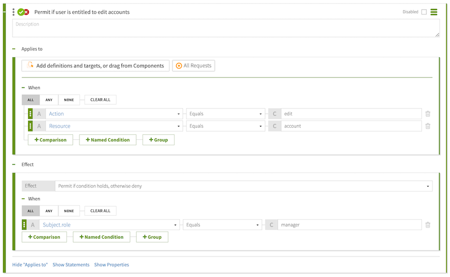 Screen capture of a rule targeting requests to edit an account. The rule permits if the Subject’s role equals 'manager', and denies otherwise.