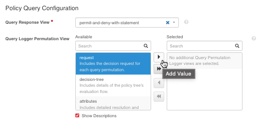 Screen capture of the Policy Query Configuration section with the request permutation logger view highlighted.