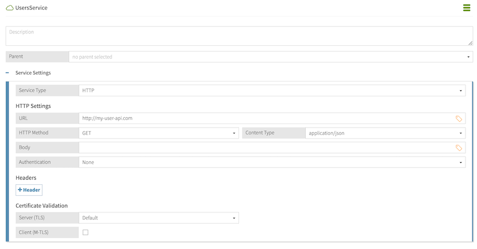Screen capture of the UsersService service. The service is of type HTTP and is defined with an example API URL.