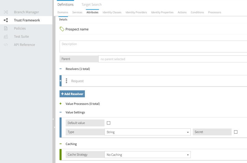 Screen capture of the Attributes tab of the Trust Framework window in the Policy Editor. The Prospect name attribute is displayed configured as specified.