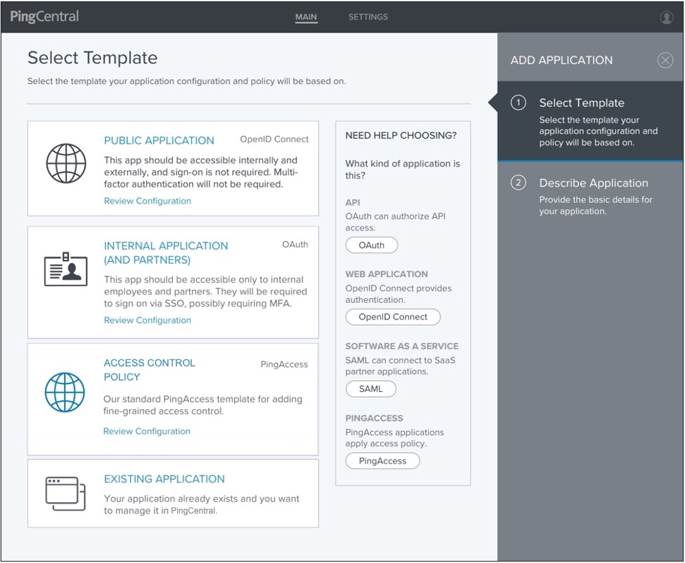 This example shows the Select Template screen, which lists the templates available for application owners to use.