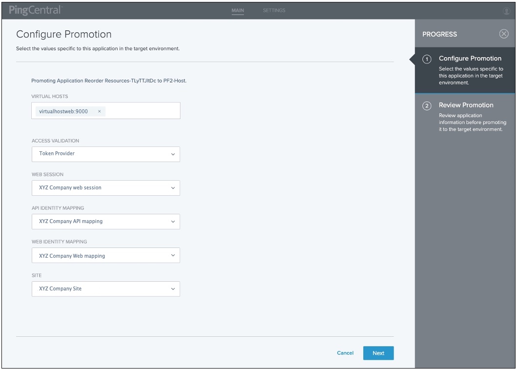 A screen capture showing the options available on the Configure Promotion page for a Web + API application.