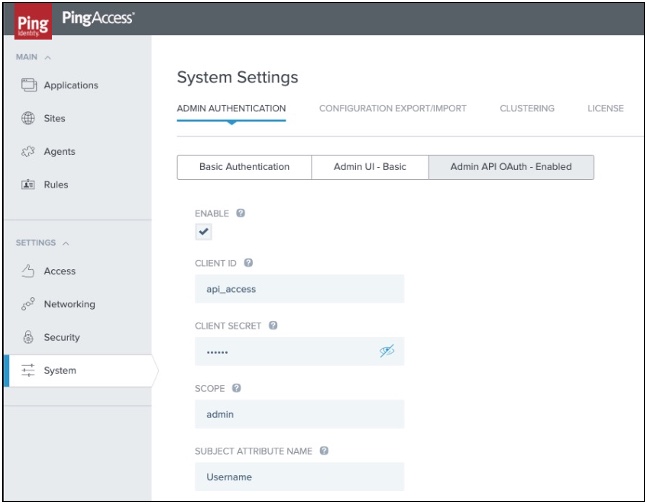 In this example, the Admin API OAuth - Enabled tab is displayed in PingAccess.