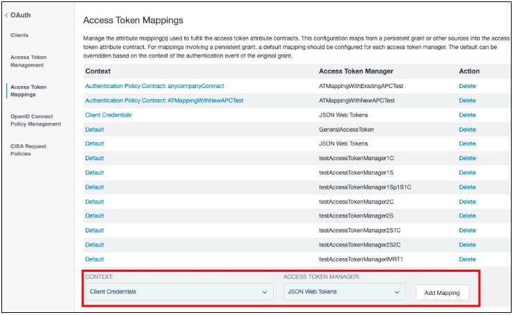 In this example, Client Credentails is mapped to JSON Web Tokens on the Access Token Mappings page in PingFederate.