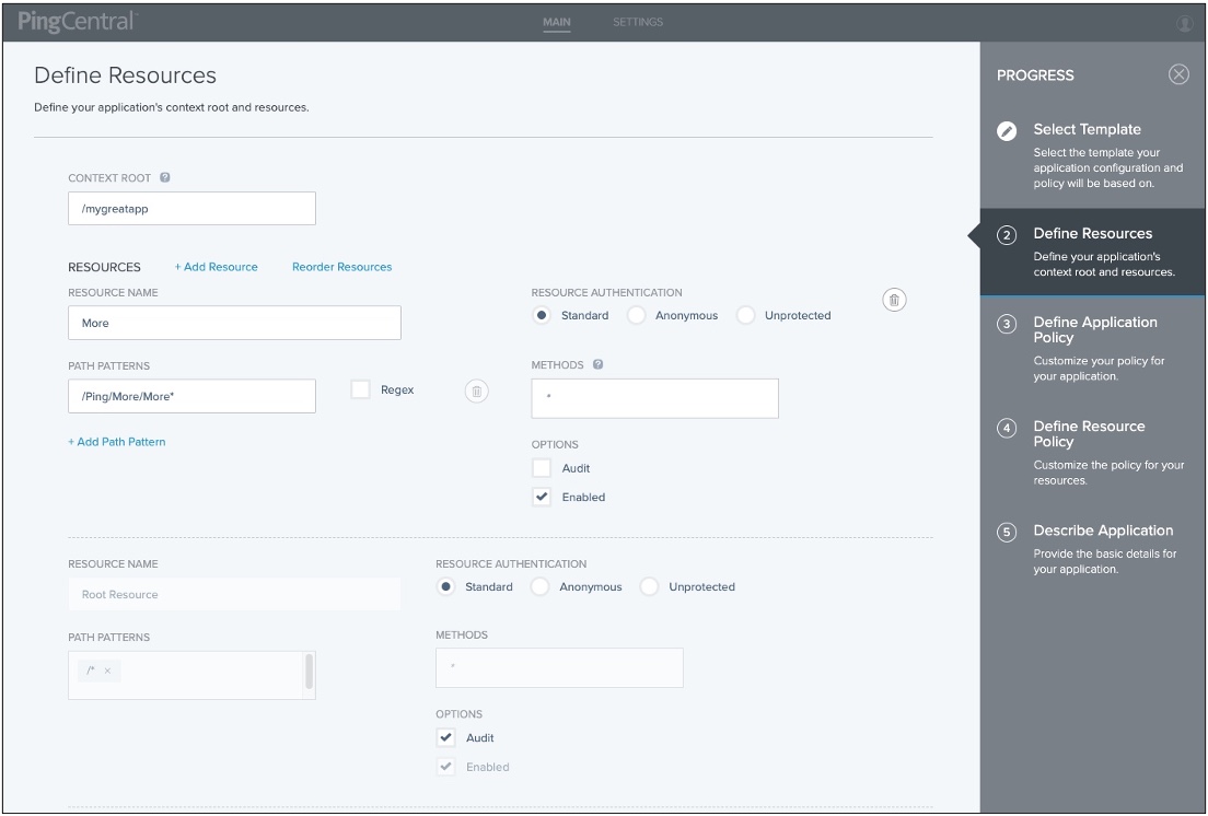 A screen capture showing the Define Resources page with the Context Root field and the Resources section. Next to the heading for the Resources section is the hyperlink option to Add Resource and the hyperlink option to Reorder Resources, which displays on the Define Resources page if resource reordering is enabled.