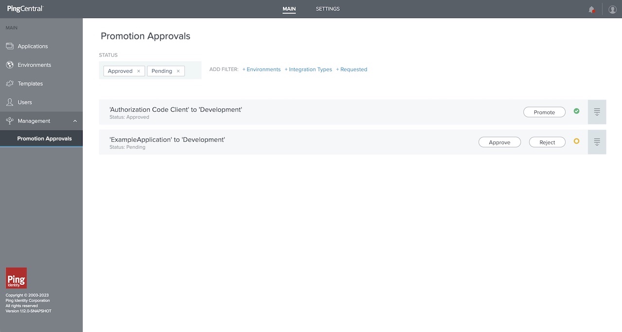 Screen capture of console for IAM administrators that displays the Promotion Approvals page with active approval requests. Status is filtering for Approved and Pending approval requests.