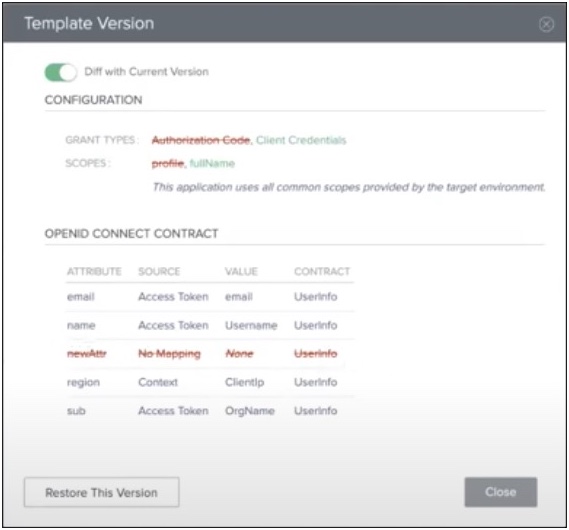 This example displays the differences between the selected template and the current template.