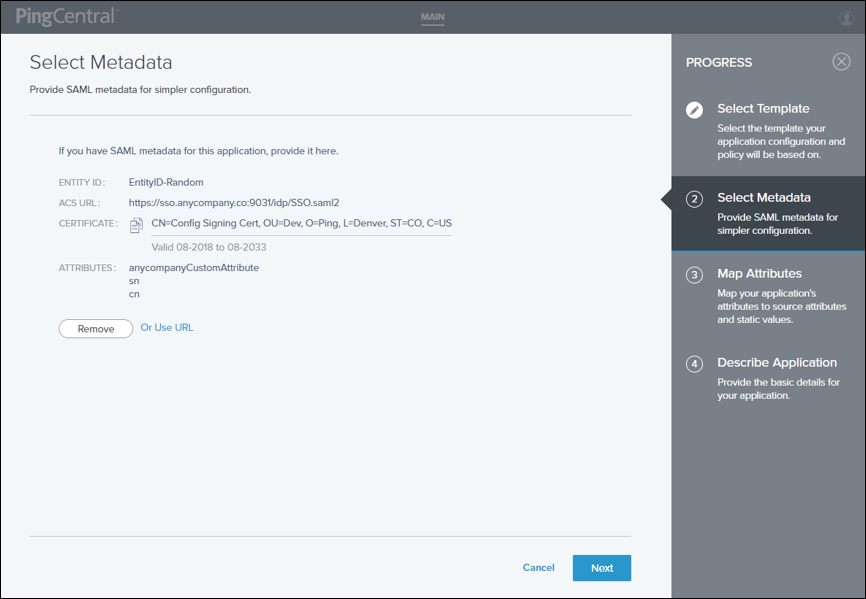 Screen capture of the Select Metadata page after a metadata file is provided.