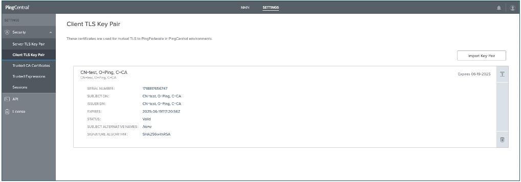 A screen capture of the Client TLS Key Pair page.