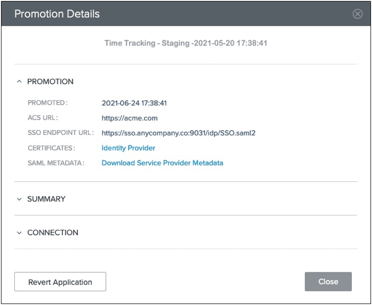 This example shows the Promotion Details page, which contains information regarding the promotion, such as the ACS URL, SSO endpoint URL, and certificates associated with the connection.