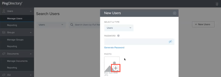 A screen capture showing the Delegated Admin application New User page with the add photo icon highlighted.