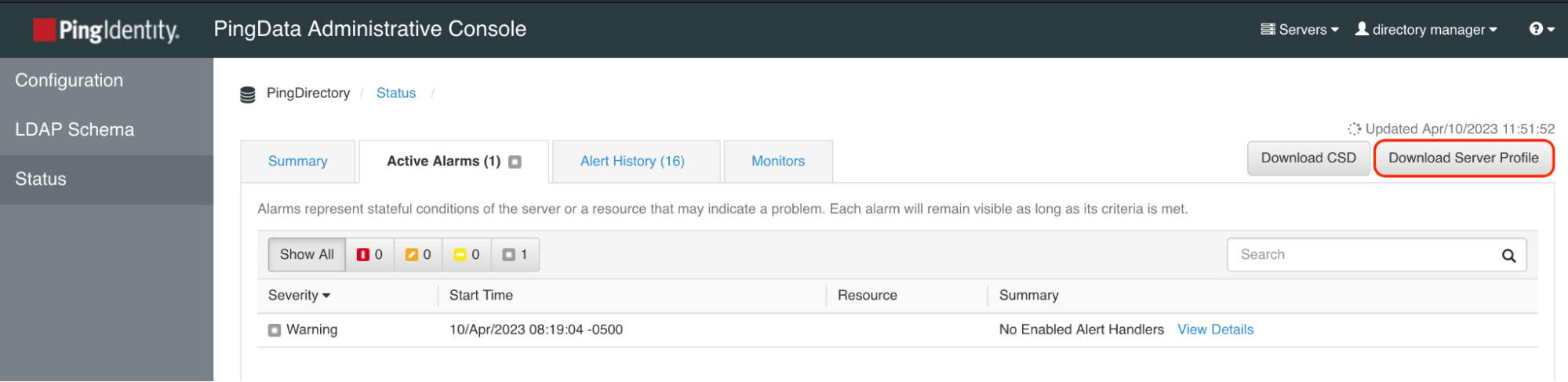 A screen capture highlighting the Download Server Profile button in the Status section of the administrative console.