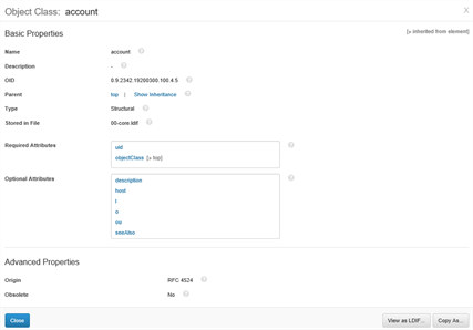 A screen capture of the Object Class attribute window displaying sample data for the Basic Properties of the account attribute.