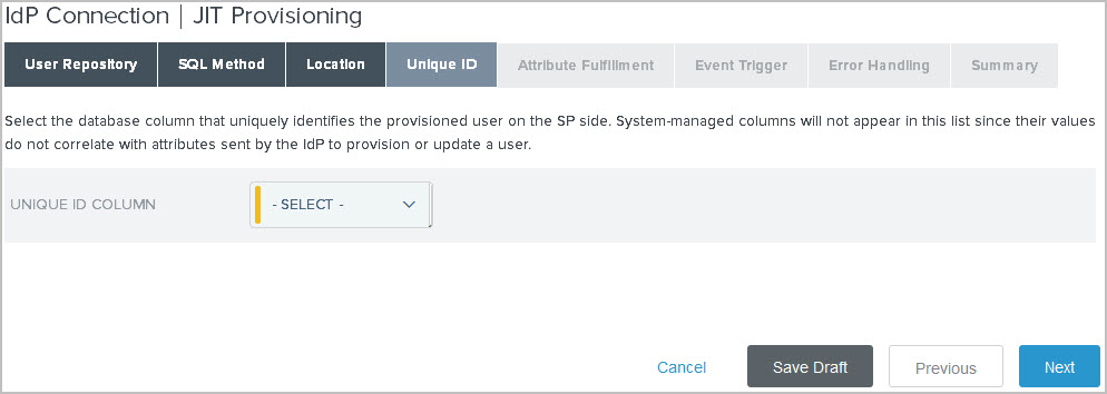 Screenshot of the Unique ID tab showing the Unique ID Column field.