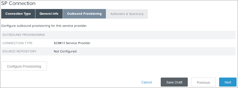 Screen capture illustrating the Outbound Provisioning tab on the Service Provider (SP) Connection window in the administrative console.