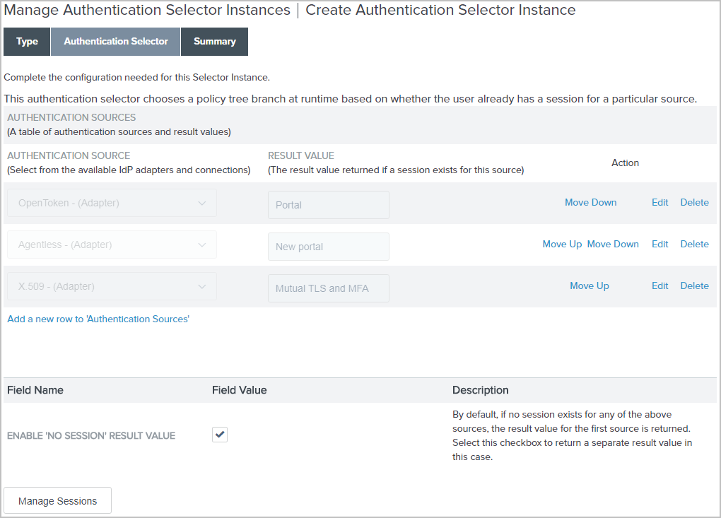 A screen capture illustrating a configuration where two authentication sources are defined and the Enable 'No Session' Result Value check box is selected.