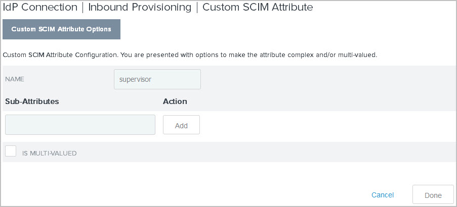 Screen capture of the Custom SCIM Attribute options tab showing the Name field.