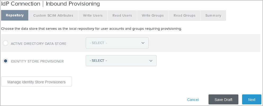 Screen capture of the Repository tab, showing the Manage Identity Store Provisioners button.