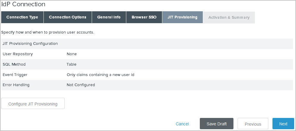 Screen capture of the JIT Provisioning tab.