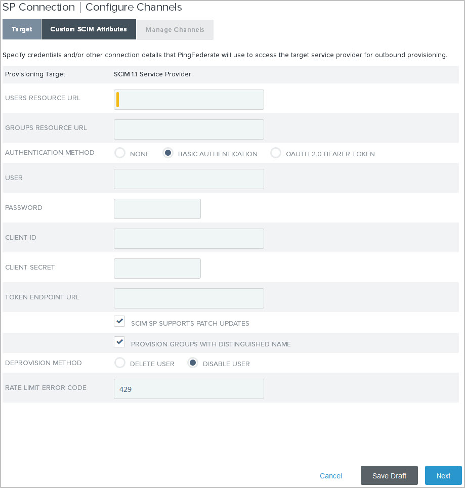 A screen capture illustrating the Custom SCIM Attributes tab in the administrative console.