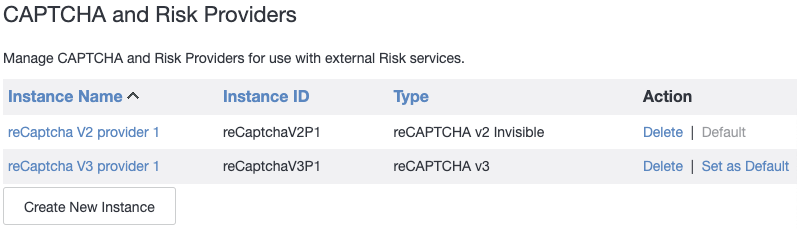 Screenshot of the CAPTCHA and Risk Providers page