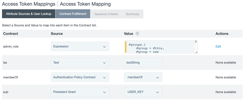 Screen capture of the Contract Fulfillment tab, on which you select a source and a value to map into the admin_role, iss, memberOf, and sub attributes.