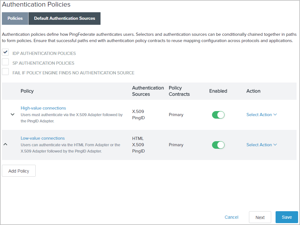 A screen capture illustrating the policies created for this sample use case.