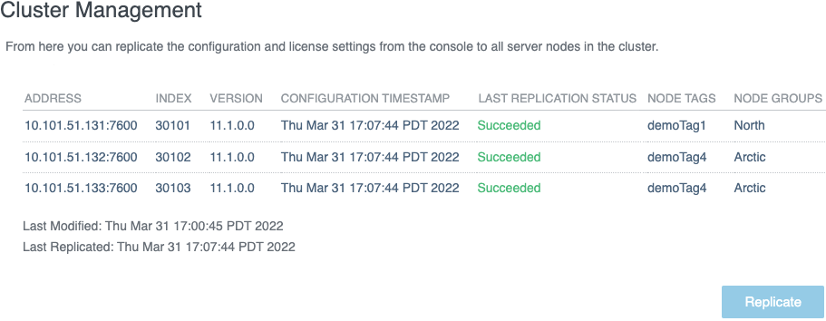 Use the Cluster Management window to replicate the configuration from the console to the engine nodes in the cluster.