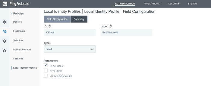 Screen capture of the local identity profile field configuration page. There are fields for ID, Label, and Type. There are also Read-Only, which is selected, Required, and Mask Log Values checkboxes in the Parameters section.