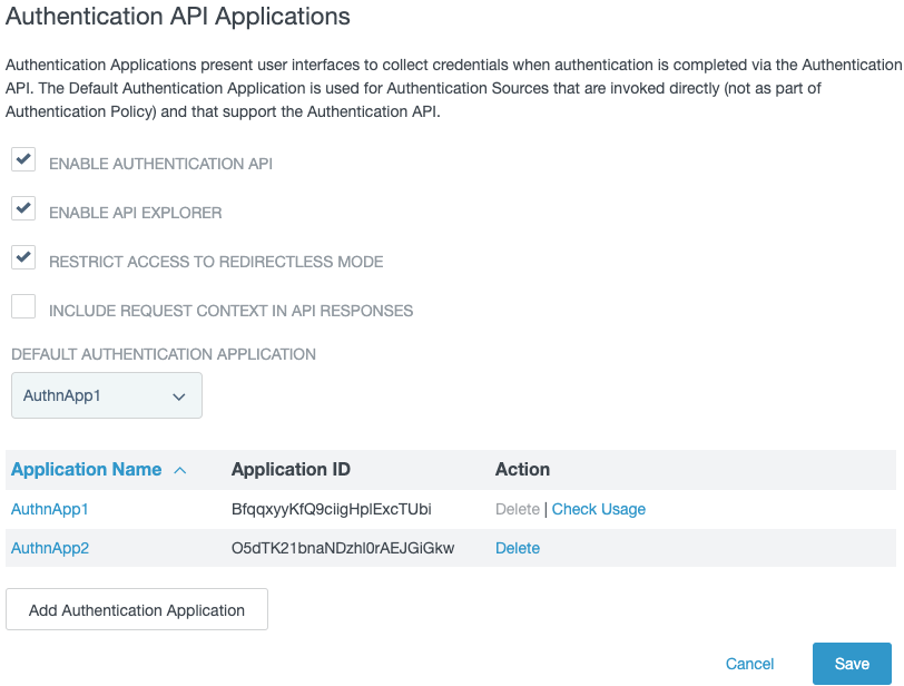 Screenshot of the Authentication API Applications window