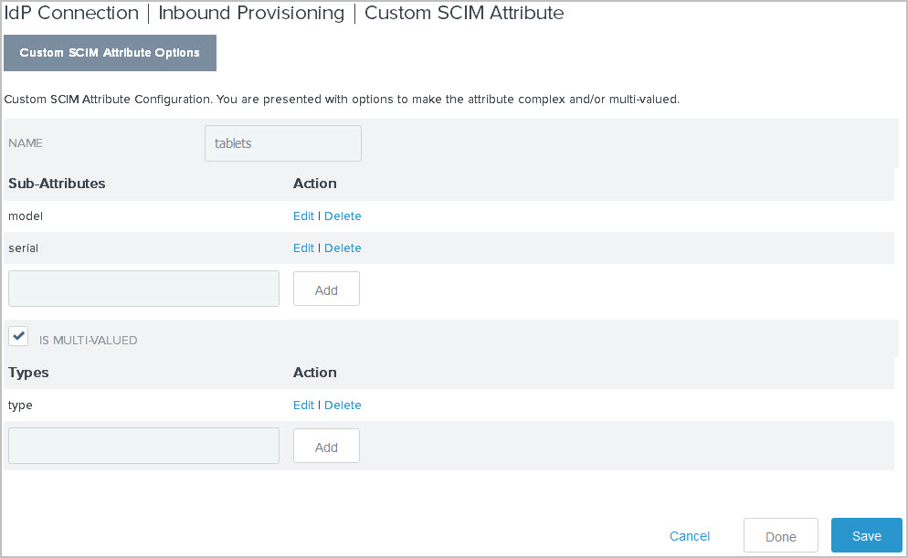 Screen capture of the Custom SCIM Attribute Options tab showing the Types section.