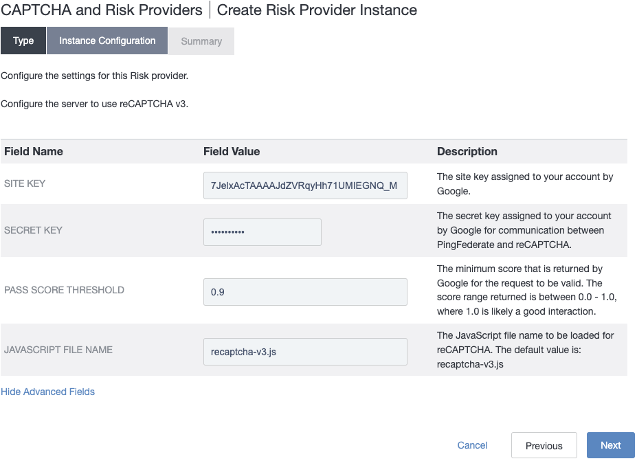 Screenshot of the Create Risk Provider Instance page’s Instance Configuration tab