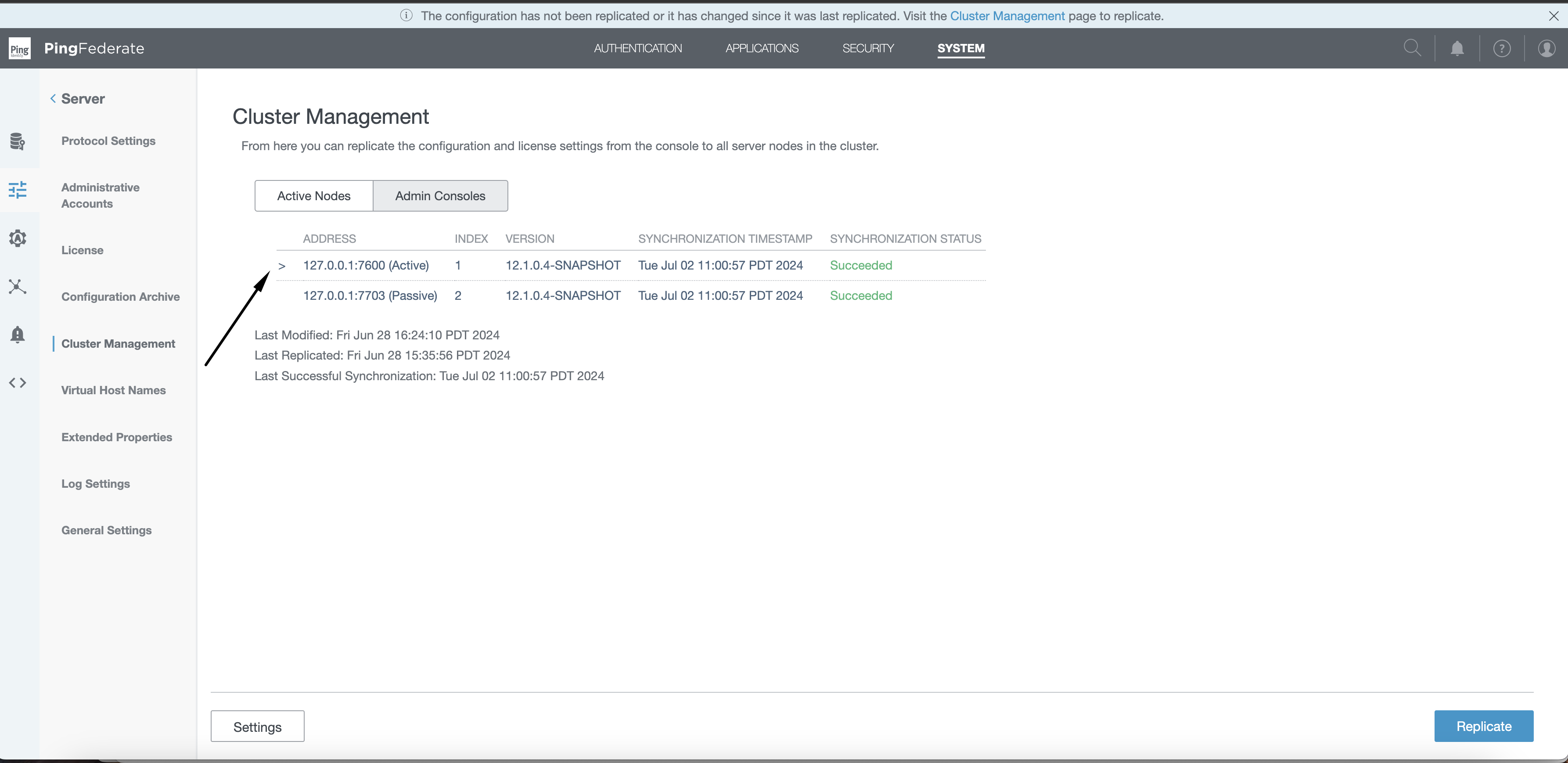 Screen capture of the Cluster Management page with an arrow indicating the active admin console